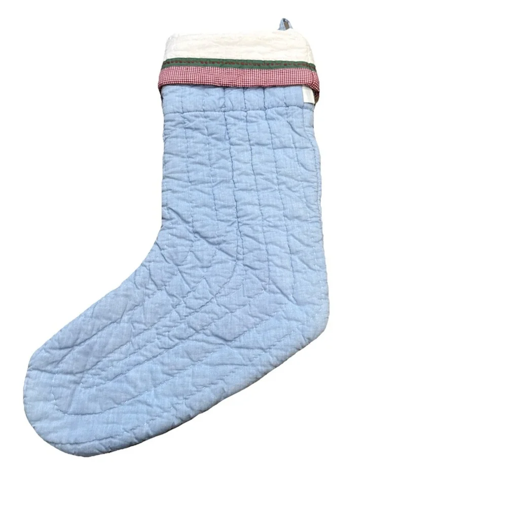 Pottery Barn Kids Quilted Christmas Stocking Santa Blue Gingham 